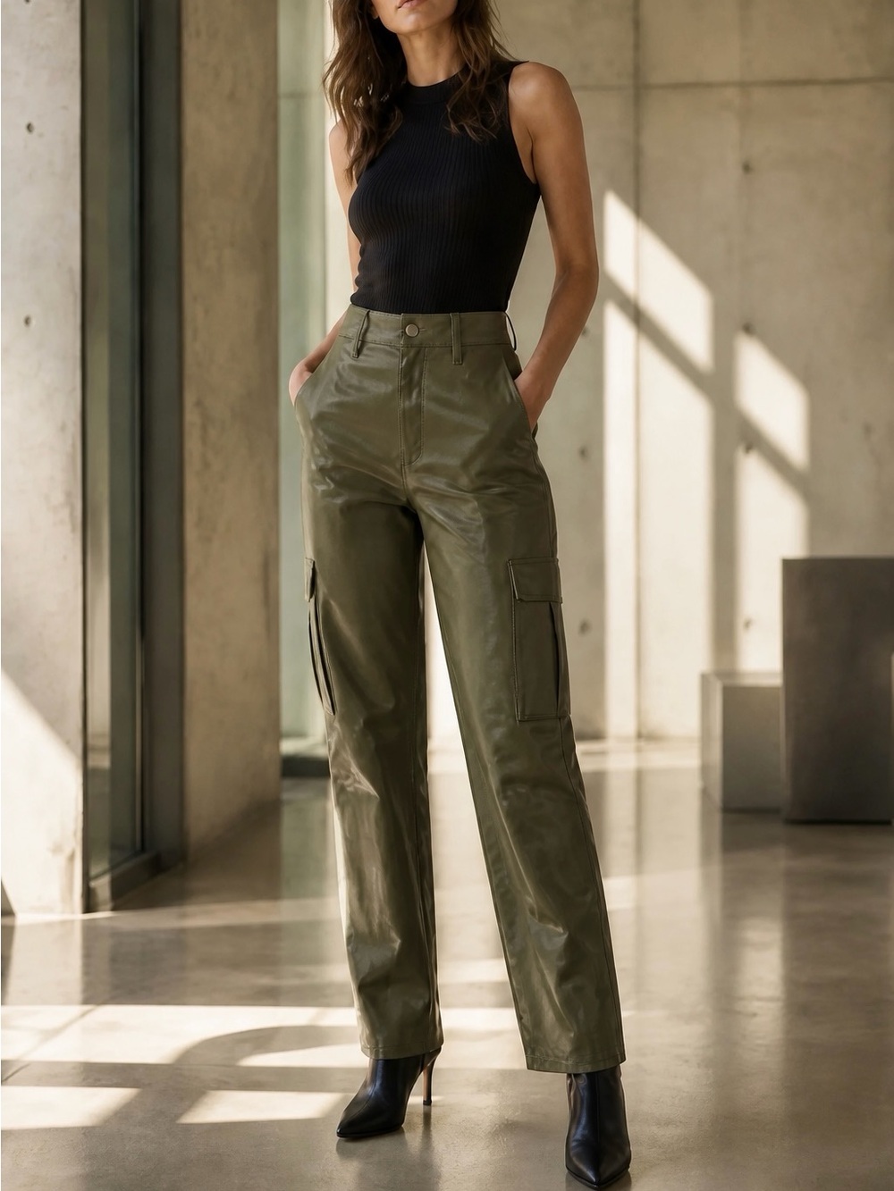 Olive Green Vegan Faux Leather Cargo Pants